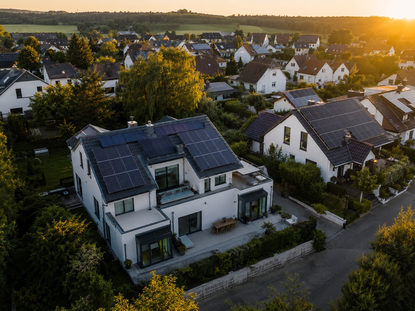 Wohnsiedlung mit Photovoltaikdächern aus der Luft