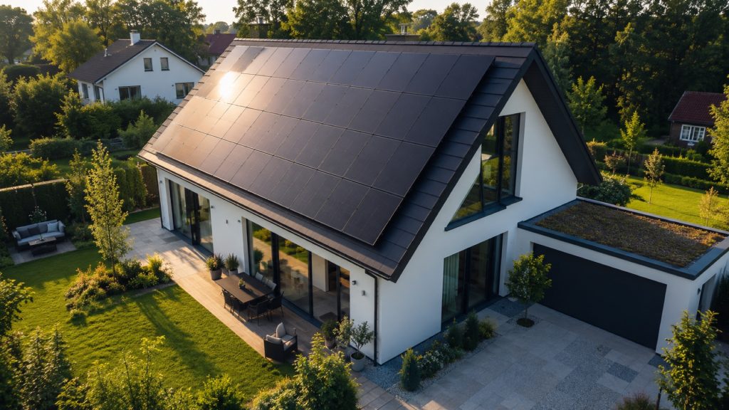 Symbolbild: Photovoltaik-Anlage auf modernem Einfamilienhaus mit Satteldach