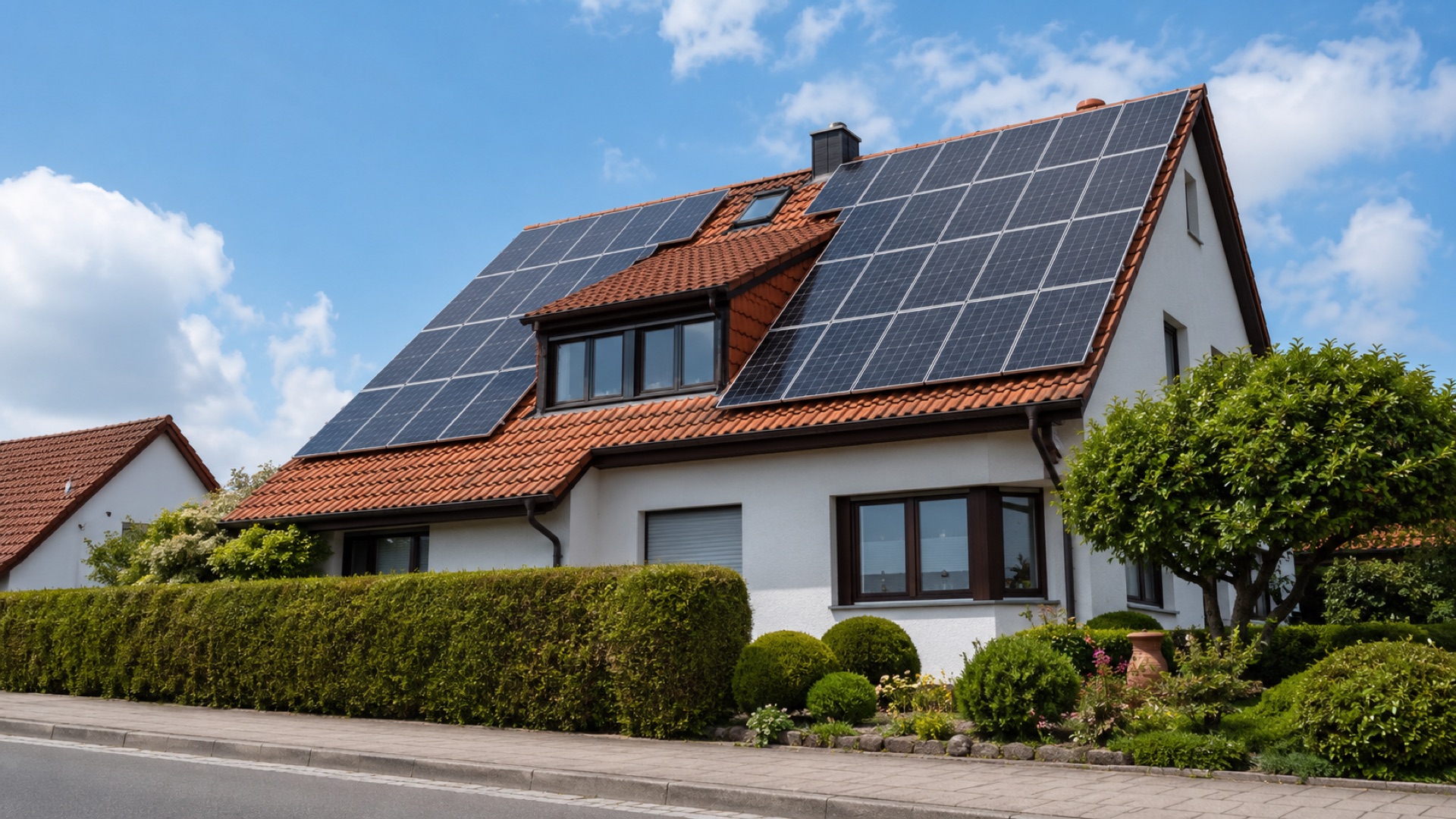 Symbolbild: Photovoltaik-Anlage auf rotem Ziegeldach eines Vorstadthauses