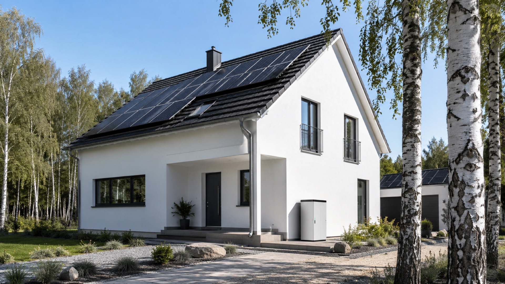 Symbolbild: Wohnhaus mit Photovoltaik-Anlage und Batteriespeicher am Eingang
