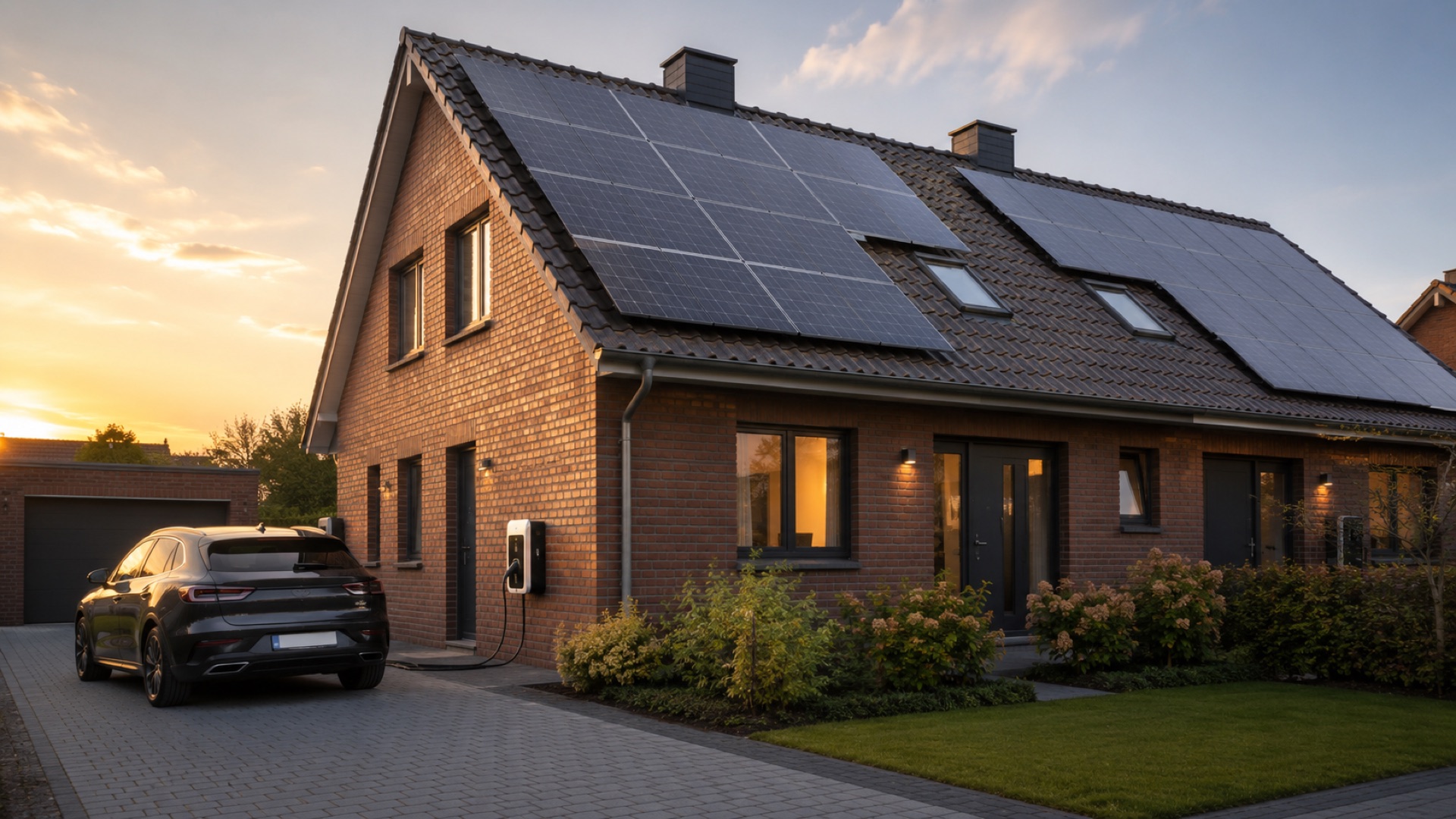 Symbolbild: Doppelhaus mit Photovoltaik-Anlage und E-Auto an der Wallbox